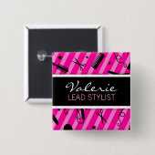 ショッキングピンクのヘアーサロンの名前入りの記章 缶バッジ (正面&裏面)