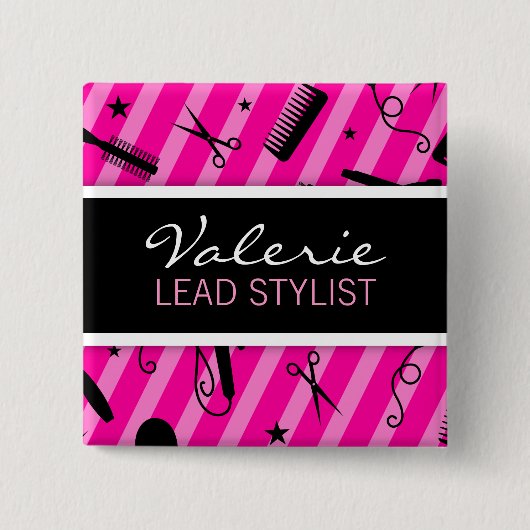 ショッキングピンクのヘアーサロンの名前入りの記章 缶バッジ (正面)