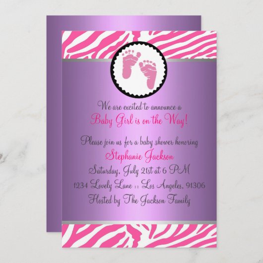 ショッキングピンクのベビーシャワー 招待状 (正面/裏面)