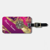 ショッキングピンクのマゼンタ及び金ゴールドのダマスク織 ラゲッジタグ (正面横)