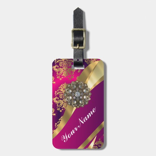 ショッキングピンクのマゼンタ及び金ゴールドのダマスク織 ラゲッジタグ (正面縦)