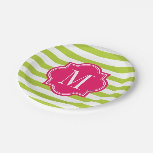 ショッキングピンクのモノグラムが付いているライムグリーンのストライプ ペーパープレート (アングル)