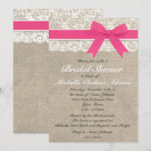 ショッキングピンクのレースのバーラップのブライダルシャワーの招待状 招待状 (正面/裏面)