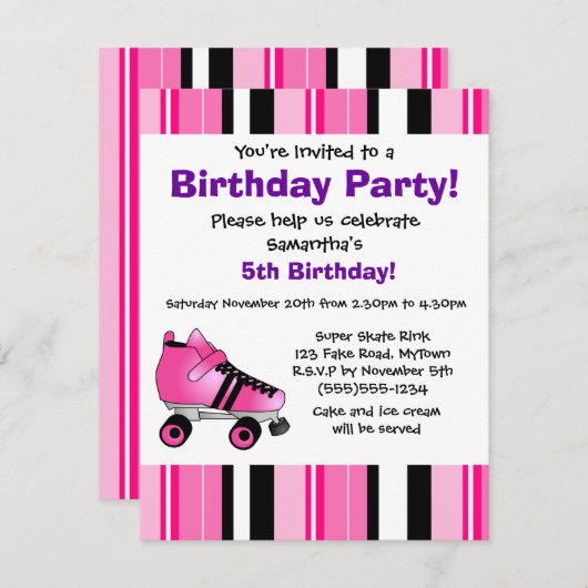 ショッキングピンクのローラースケートの誕生会-ピンクのストライプ 招待状 (正面/裏面)