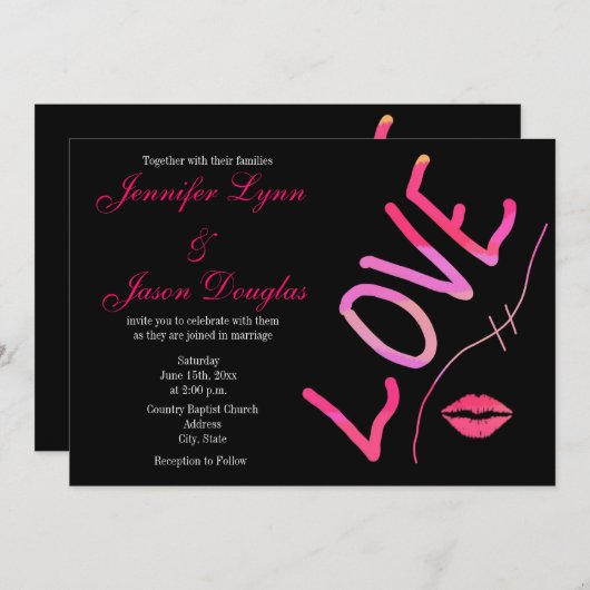 ショッキングピンクの明るい赤紫色および黒い愛結婚式招待状 招待状 (正面/裏面)