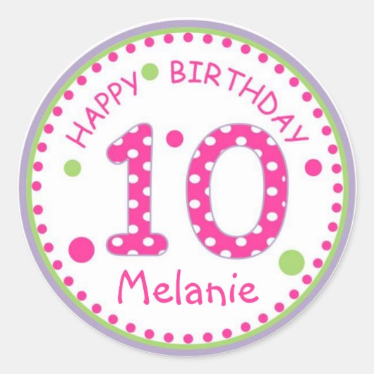 ショッキングピンクの水玉模様のハッピーバースデー第10 ラウンドシール (正面)