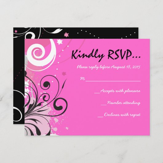 ショッキングピンクの渦巻及び星のバルミツワーの応答カード 出欠カード (正面/裏面)