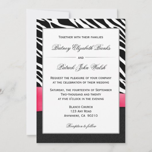 ショッキングピンクの白黒のシマウマの結婚式招待状 招待状 (裏面)