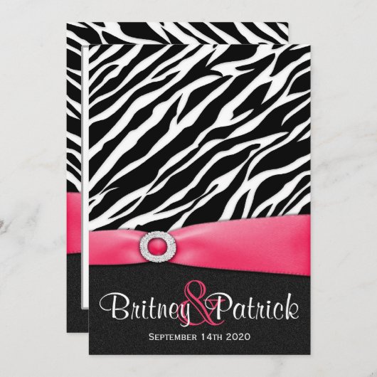 ショッキングピンクの白黒のシマウマの結婚式招待状 招待状 (正面/裏面)