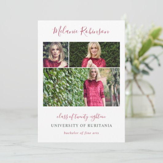 ショッキングピンクの紙吹雪3の写真の卒業の発表 案内状 (スタンド正面)