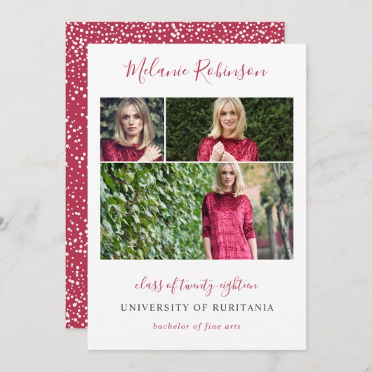 ショッキングピンクの紙吹雪3の写真の卒業の発表 案内状 (正面/裏面)