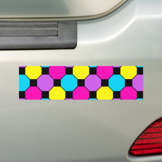 ショッキングピンクの紫色のティール（緑がかった色）の黄色の黒い正方形の六角形 バンパーステッカー (車上)