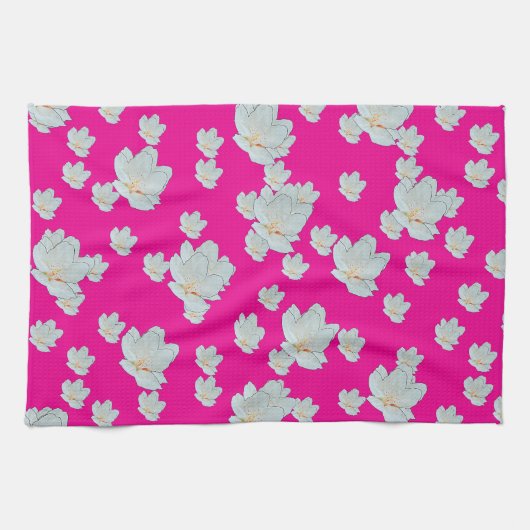 ショッキングピンクの花が咲く キッチンタオル (横)