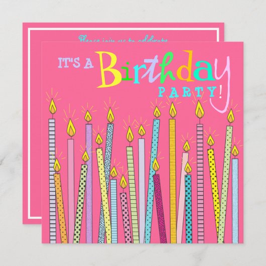 ショッキングピンクの誕生日のパーティの招待状の蝋燭 招待状 (正面/裏面)