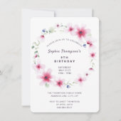 ショッキングピンクの野生の花の花輪 ガーリーな誕生日パーティー 招待状 (正面)