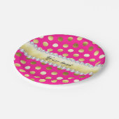 ショッキングピンクの金ゴールドホイルの水玉模様のダイヤモンド ペーパープレート (アングル)