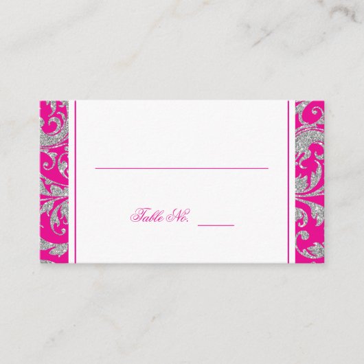 ショッキングピンクの銀のグリッターの渦巻のダマスク織の座席表 プレイスカード (正面)