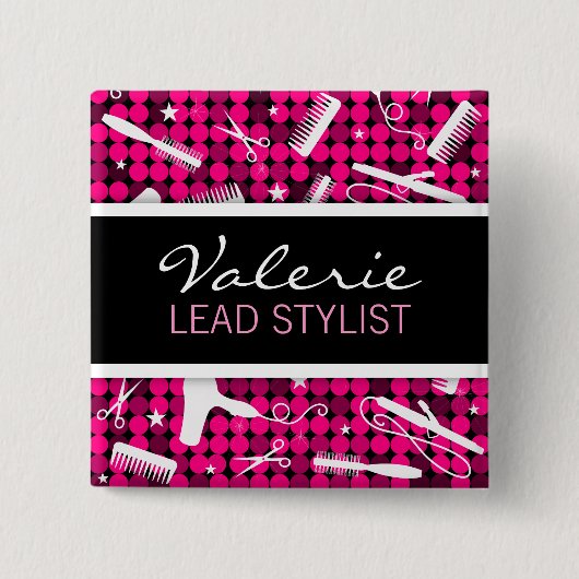 ショッキングピンクの魅力的でカスタムなヘアーサロンの名前入りの記章 缶バッジ (正面)