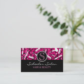 ショッキングピンクの魅力的なヘアーサロンのモノグラムの名刺 名刺 (スタンド正面)