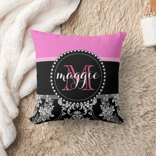 ショッキングピンクの黒のダマスク織のガーリーなモノグラムパターン クッション (ブランケット)