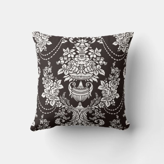 ショッキングピンクの黒のダマスク織のガーリーなモノグラムパターン クッション (裏面)