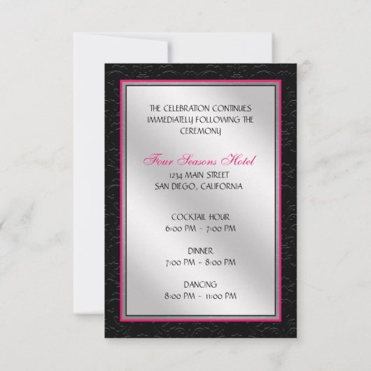 ショッキングピンクの黒のダマスク織のダイヤモンドの披露宴カード 招待状 (裏面)