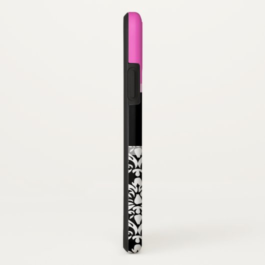 ショッキングピンクの黒のダマスク織のモノグラムの名前 Case-Mate iPhoneケース (裏面/右)