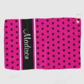 ショッキングピンクの黒の水玉模様の白のストライプの原稿の名前 ゴルフタオル (横)