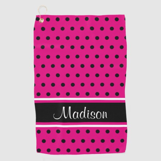 ショッキングピンクの黒の水玉模様の白のストライプの原稿の名前 ゴルフタオル (正面)