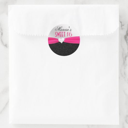 ショッキングピンクの黒の花のダマスク織のダイヤモンドのハートのシール ラウンドシール (バッグ)