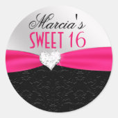 ショッキングピンクの黒の花のダマスク織のダイヤモンドのハートのシール ラウンドシール (正面)