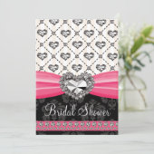 ショッキングピンクの黒ダイヤのハートのブライダルシャワーInvitat 招待状 (スタンド正面)