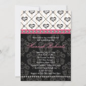 ショッキングピンクの黒ダイヤのハートのブライダルシャワーInvitat 招待状 (裏面)