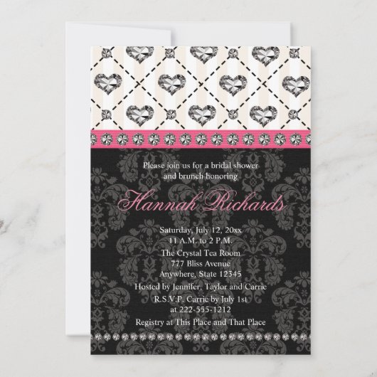 ショッキングピンクの黒ダイヤのハートのブライダルシャワーInvitat 招待状 (裏面)