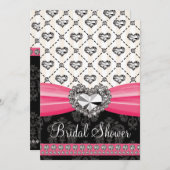 ショッキングピンクの黒ダイヤのハートのブライダルシャワーInvitat 招待状 (正面/裏面)