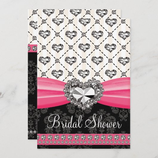 ショッキングピンクの黒ダイヤのハートのブライダルシャワーInvitat 招待状 (正面/裏面)