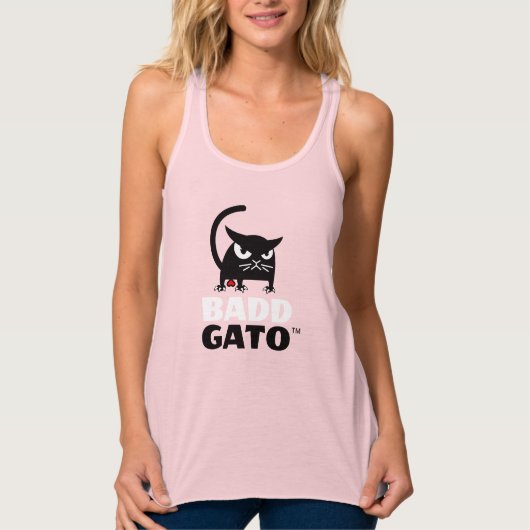 ショッキングピンクの黒猫レディースタンク| Badd Gato タンクトップ (正面)