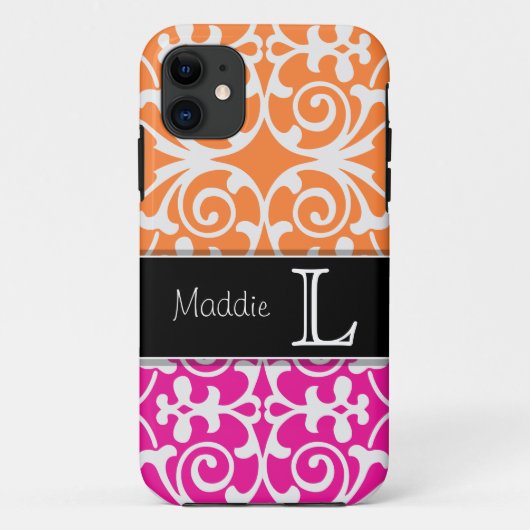 ショッキングピンク及びオレンジダマスク織のモノグラムのiPhone 5 Case-Mate iPhoneケース (裏面)