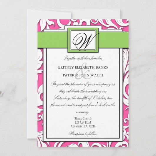 ショッキングピンク及びライムグリーンのダマスク織の結婚式招待状 招待状 (裏面)