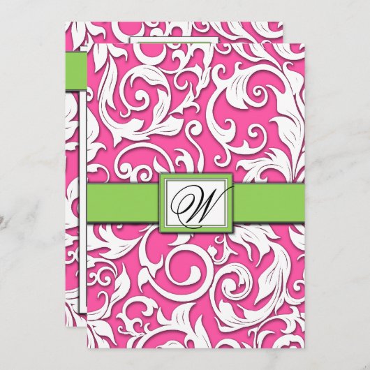 ショッキングピンク及びライムグリーンのダマスク織の結婚式招待状 招待状 (正面/裏面)