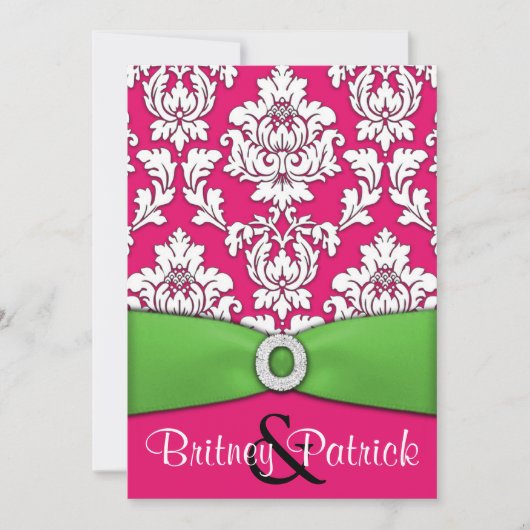 ショッキングピンク及びライムグリーンのダマスク織の結婚式招待状 招待状 (正面)