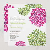 ショッキングピンク及び緑の花の開花の招待状の結婚 招待状 (正面/裏面)