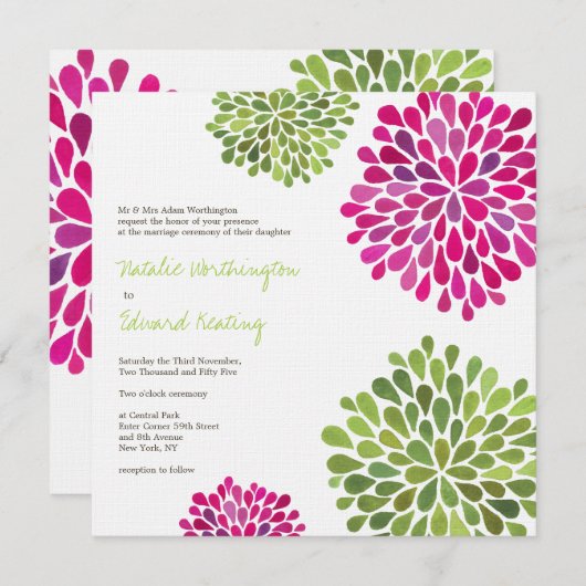 ショッキングピンク及び緑の花の開花の招待状の結婚 招待状 (正面/裏面)