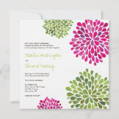 ショッキングピンク及び緑の花の開花の招待状の結婚 招待状 (正面)