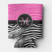 ショッキングピンク及び黒いシマウマのプリントのモノグラムパターン 缶クーラー (正面)