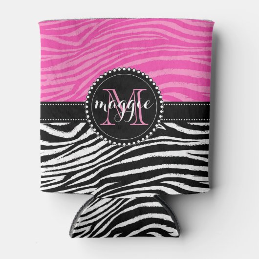 ショッキングピンク及び黒いシマウマのプリントのモノグラムパターン 缶クーラー (正面)