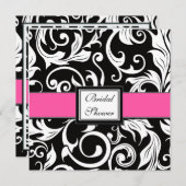 ショッキングピンク及び黒いダマスク織のブライダルシャワー招待状 招待状 (正面/裏面)