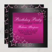 ショッキングピンク及び黒い星の誕生日の招待状 招待状 (正面/裏面)