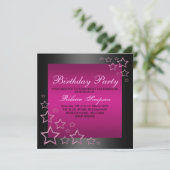 ショッキングピンク及び黒い星の誕生日の招待状 招待状 (スタンド正面)