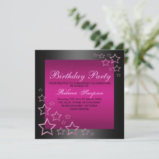 ショッキングピンク及び黒い星の誕生日の招待状 招待状 (スタンド正面)
